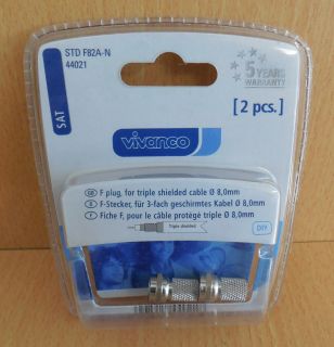 Vivanco DIY SAT 2 Stück 2x F-Stecker für 3-fach geschirmtes Koax-Kabel 8mm*so534