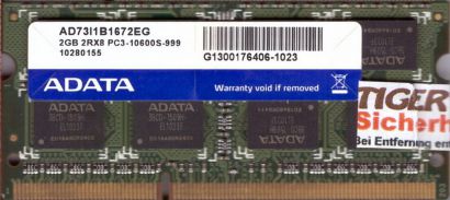 AData AD73I1B1672EG PC3-10600S 2GB DDR3 1333MHz SODIMM Arbeitsspeicher RAM*lr118